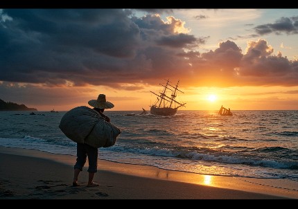 Strandräuber steht bei Sonnenuntergang am Strand