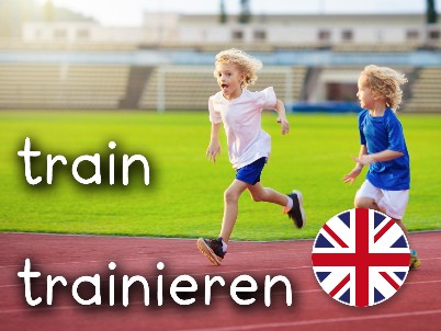 Two kids run for training. Two words on the picture say train and trainieren.