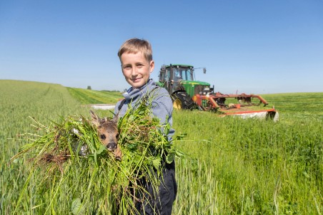 Junge, der ein Rehkitz trägt, auf einem Feld vor einem Traktor.